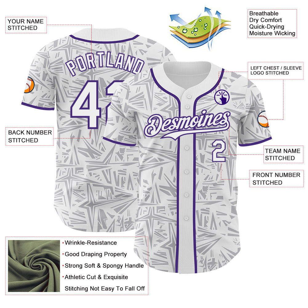 Custom White Gray-Purple Geometric Cyber Starburst Authentic Baseball Jersey view 3