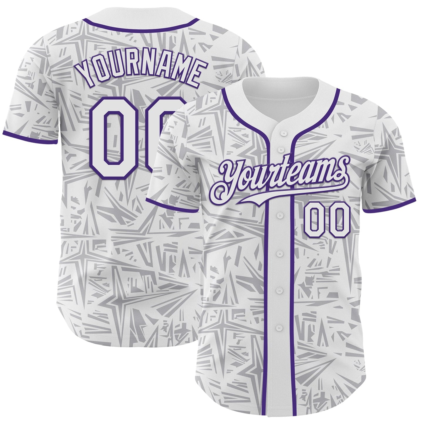 Custom White Gray-Purple Geometric Cyber Starburst Authentic Baseball Jersey - Main View