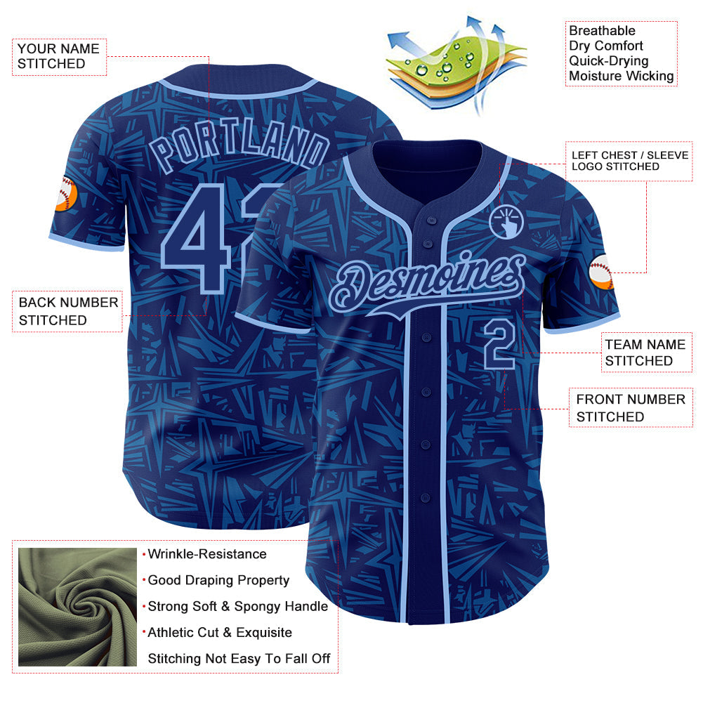 Custom Royal Blue-Light Blue Geometric Cyber Starburst Authentic Baseball Jersey view 3