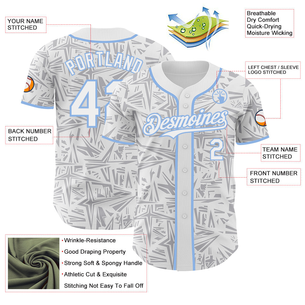 Custom White Gray-Light Blue Geometric Cyber Starburst Authentic Baseball Jersey view 3