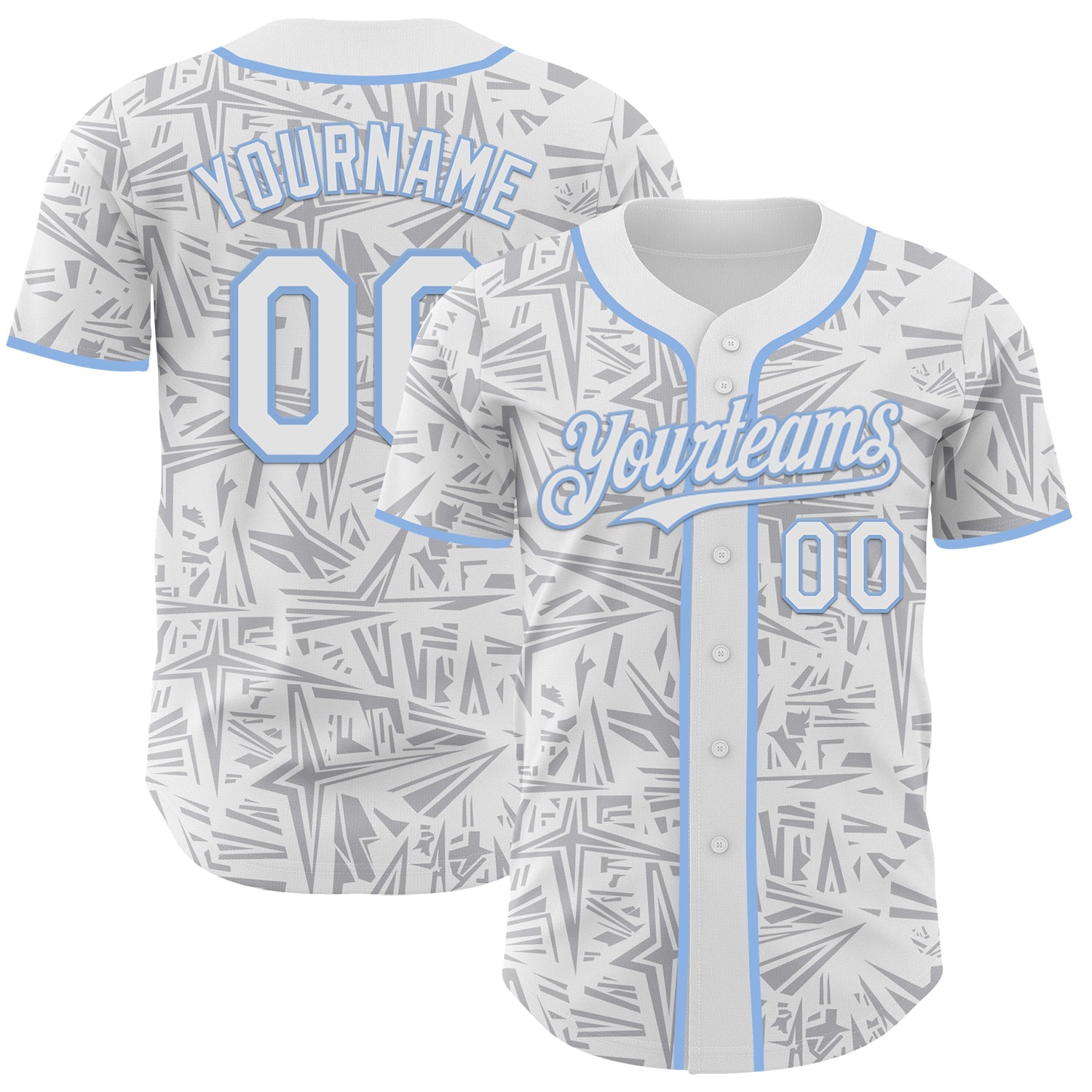 Custom White Gray-Light Blue Geometric Cyber Starburst Authentic Baseball Jersey - Main View