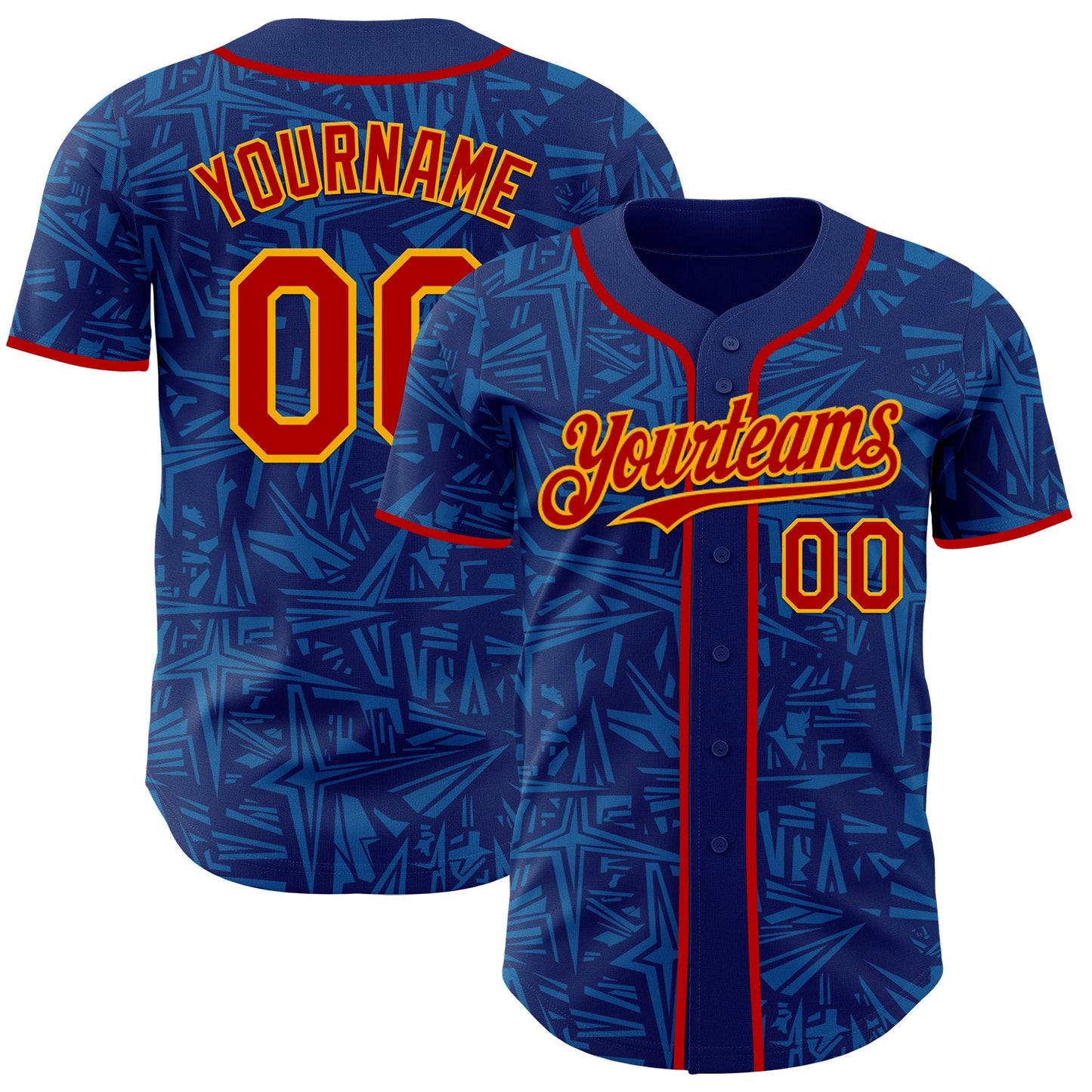 Custom Royal Red Blue-Gold Geometric Cyber Starburst Authentic Baseball Jersey - Main View