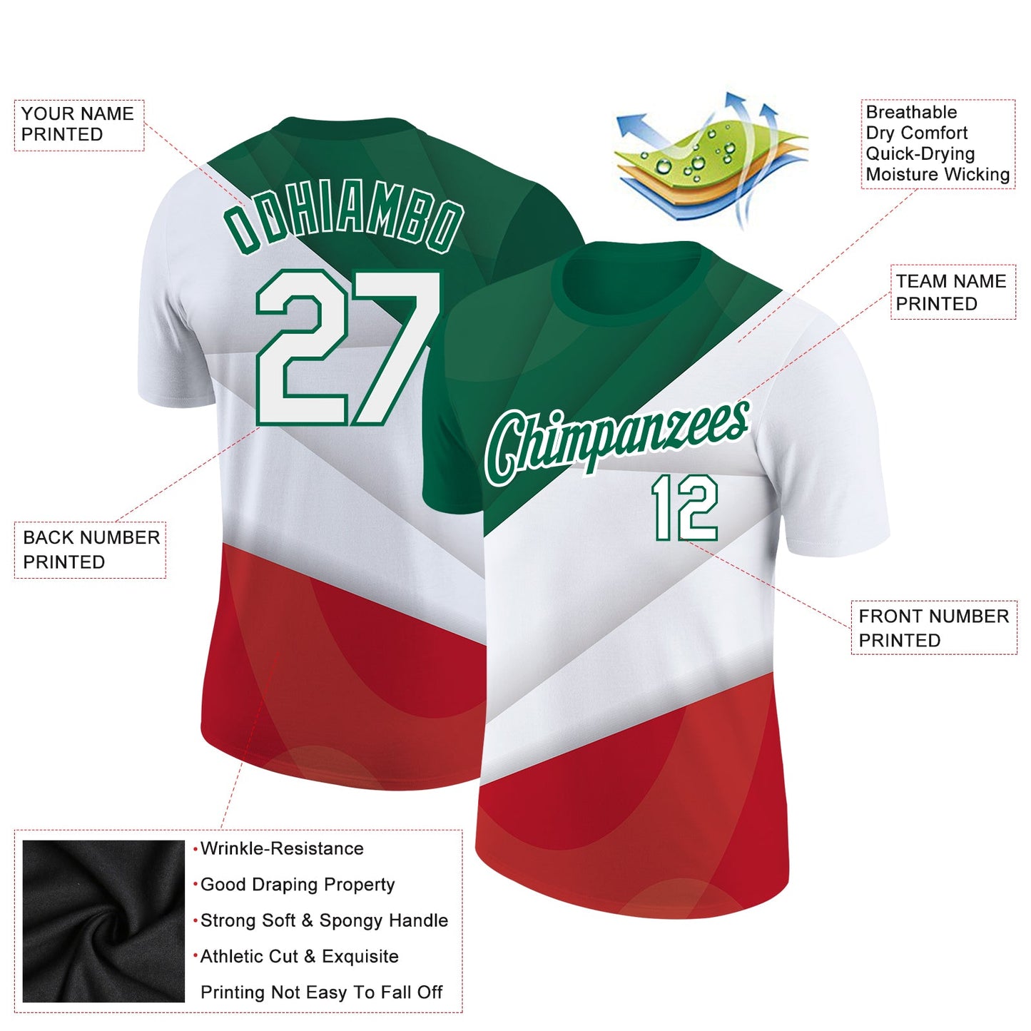 Custom Red White-Kelly Green 3D Mexico Performance T-Shirt view 2