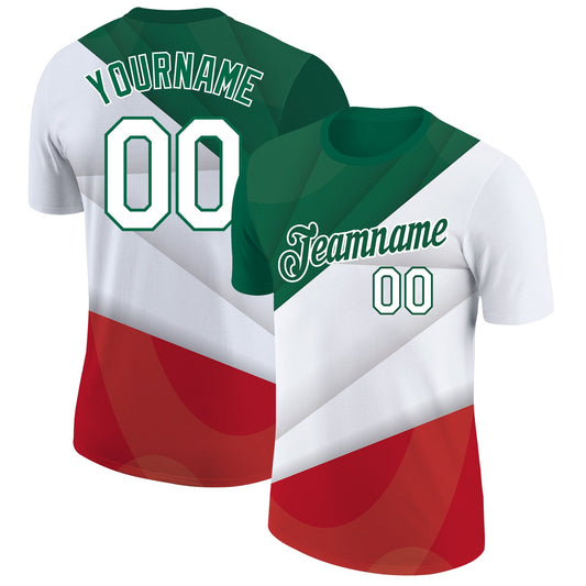 Custom Red White-Kelly Green 3D Mexico Performance T-Shirt - Main View