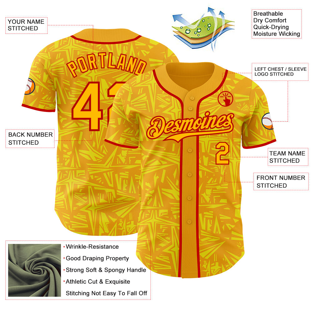 Custom Gold Light Yellow-Red Geometric Cyber Starburst Authentic Baseball Jersey view 3