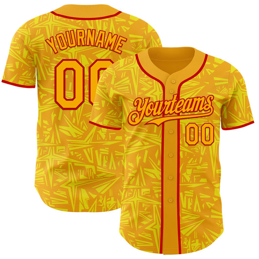 Custom Gold Light Yellow-Red Geometric Cyber Starburst Authentic Baseball Jersey - Main View