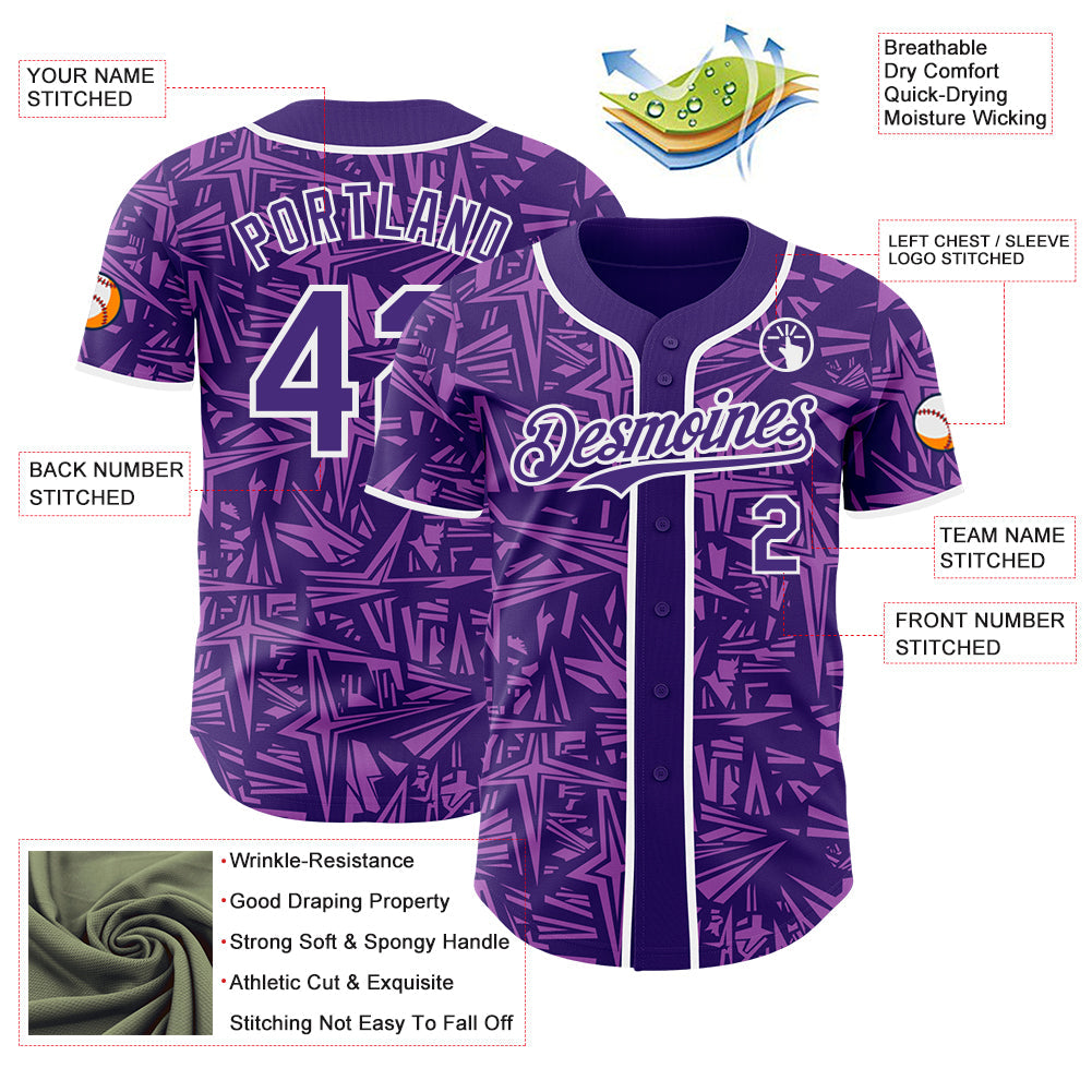 Custom Purple Medium Purple-White Geometric Cyber Starburst Authentic Baseball Jersey view 3