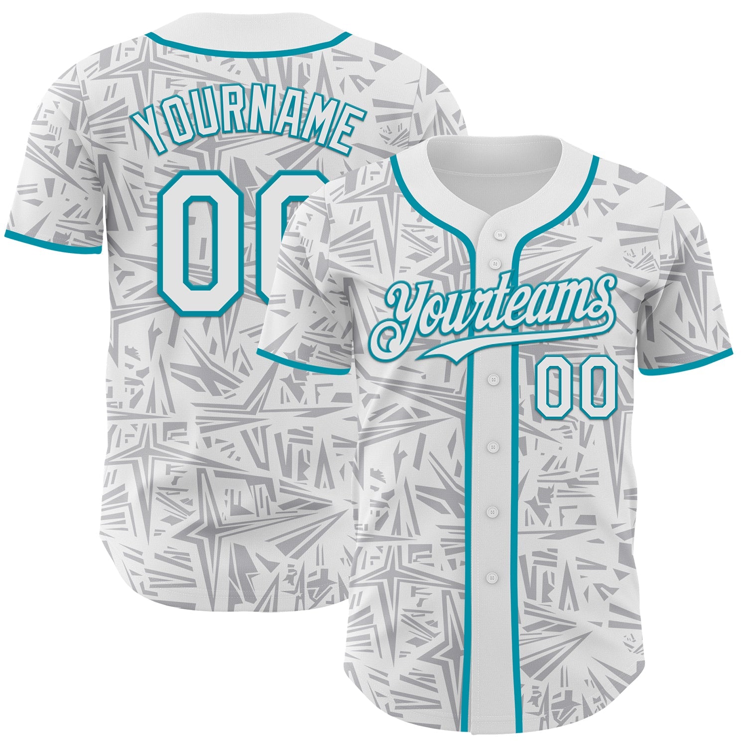 Custom White Gray-Teal Geometric Cyber Starburst Authentic Baseball Jersey - Main View