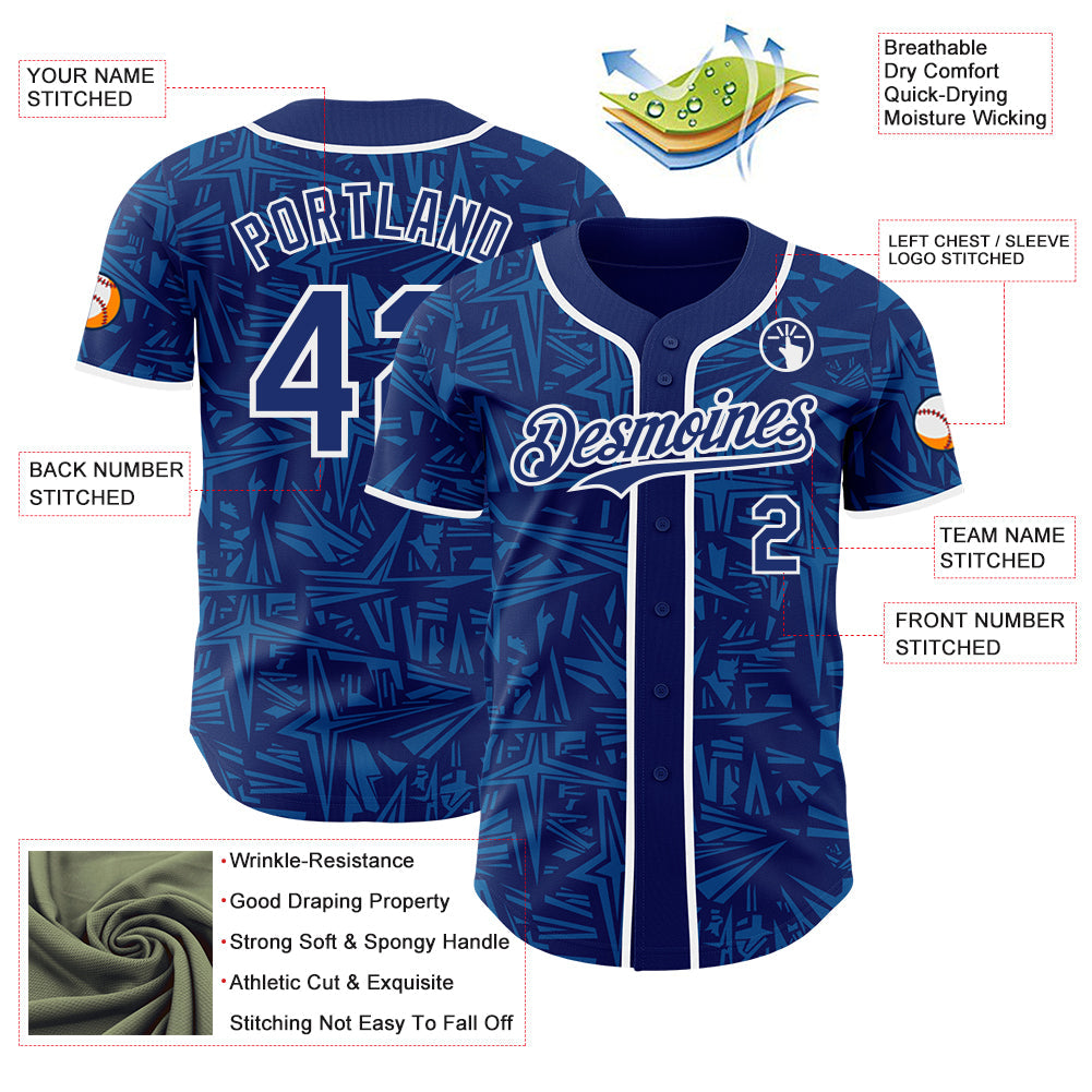 Custom Royal Blue-White Geometric Cyber Starburst Authentic Baseball Jersey view 3