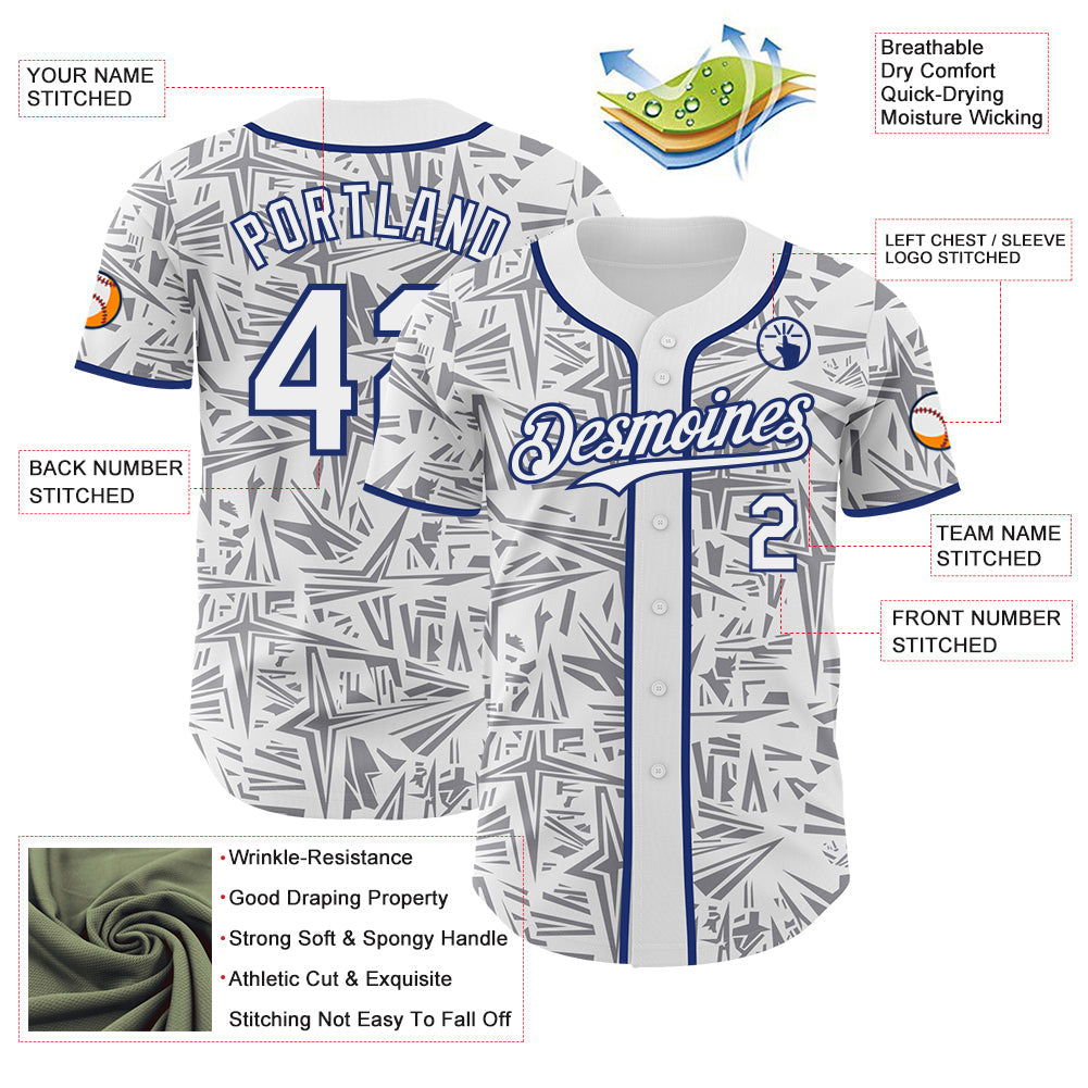 Custom White Gray-Royal Geometric Cyber Starburst Authentic Baseball Jersey view 3