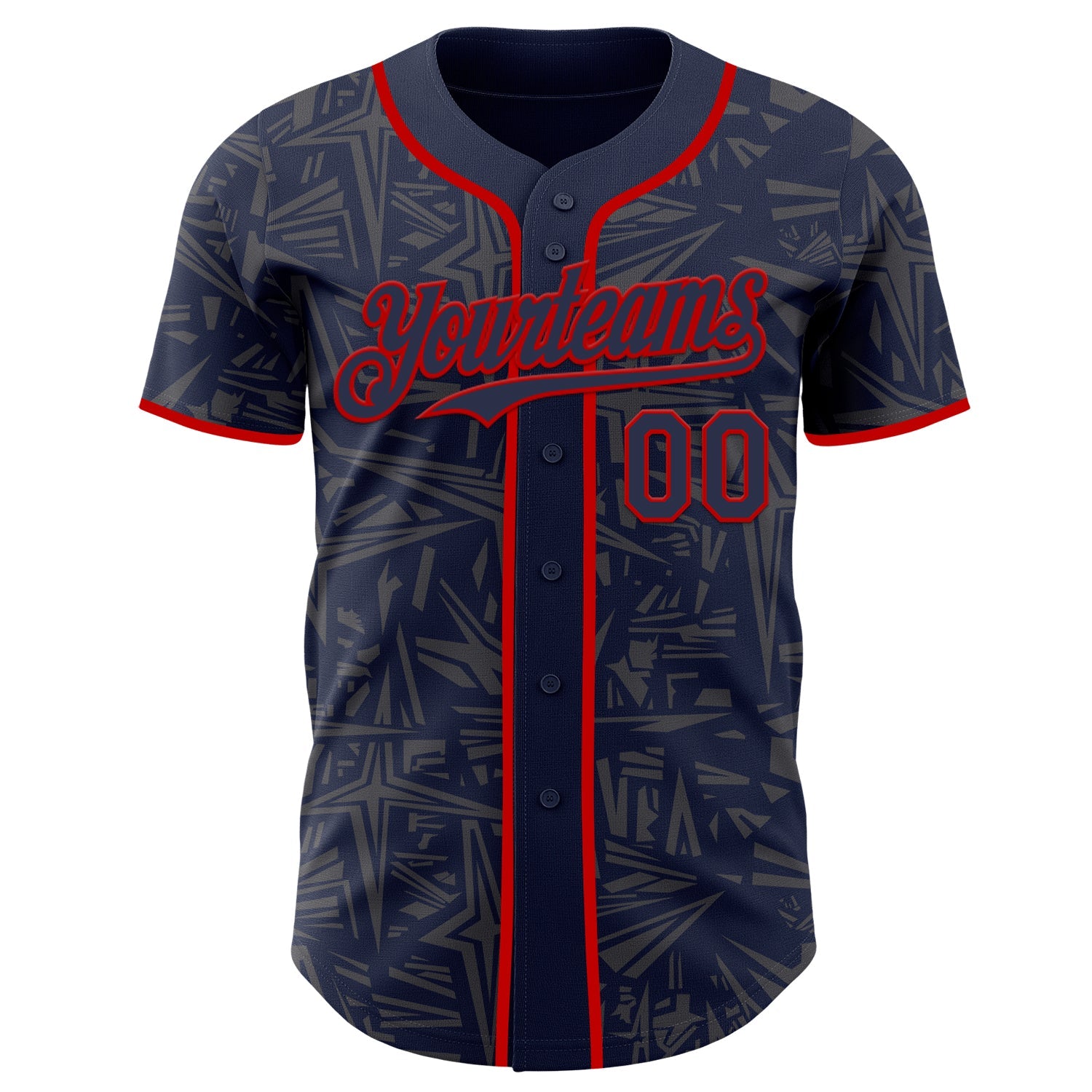 Custom Navy Steel Gray-Red Geometric Cyber Starburst Authentic Baseball Jersey view 2