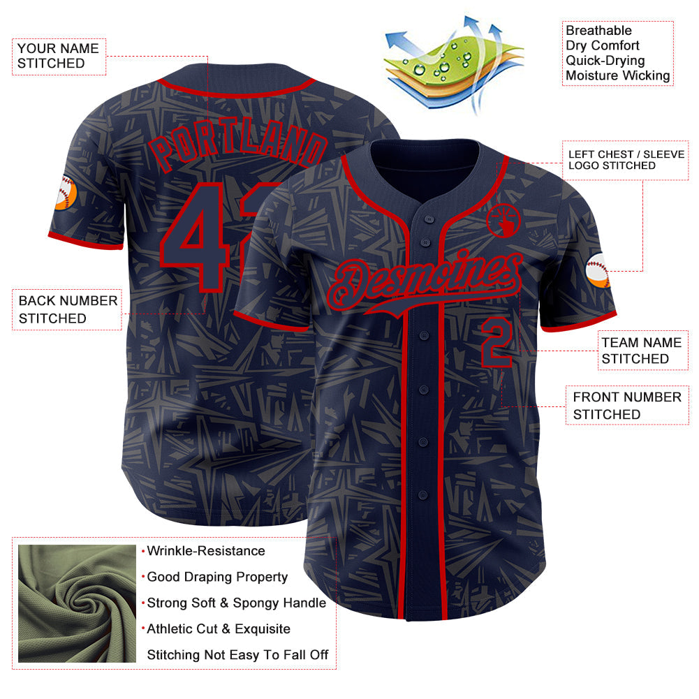 Custom Navy Steel Gray-Red Geometric Cyber Starburst Authentic Baseball Jersey view 3