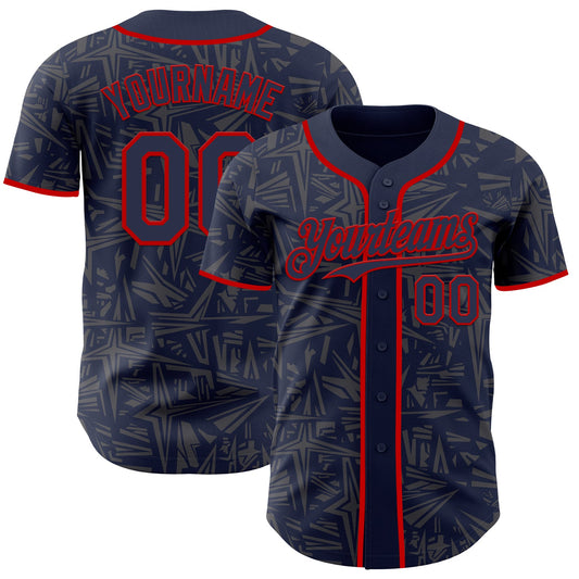 Custom Navy Steel Gray-Red Geometric Cyber Starburst Authentic Baseball Jersey - Main View