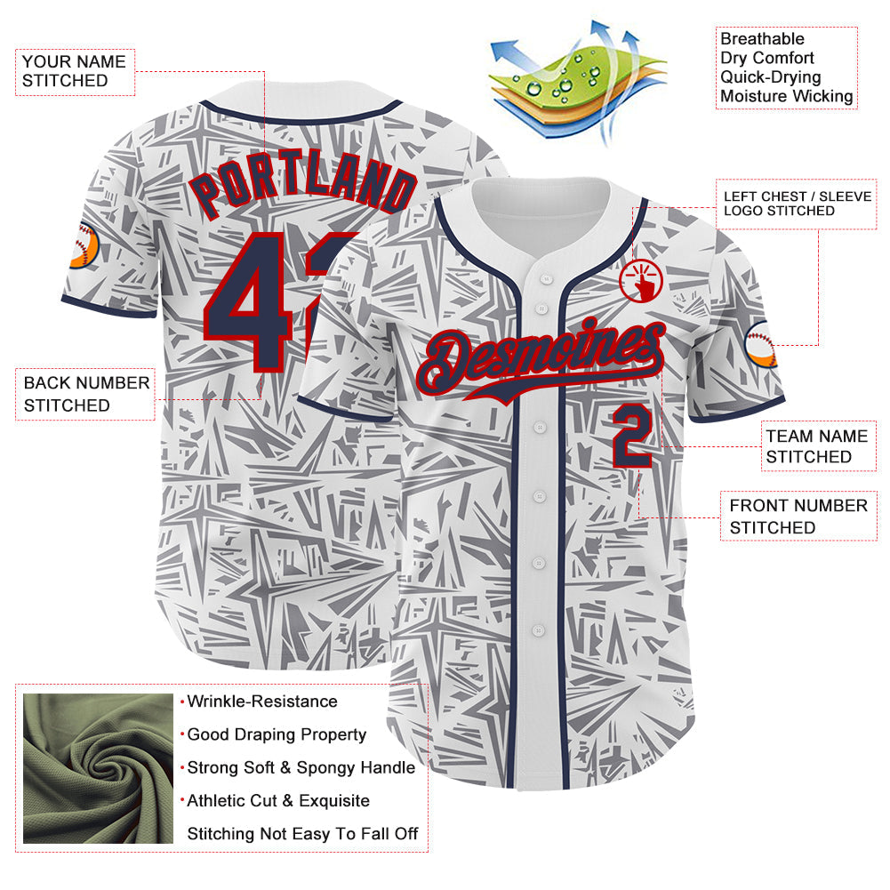 Custom White Navy Gray-Red Geometric Cyber Starburst Authentic Baseball Jersey view 3