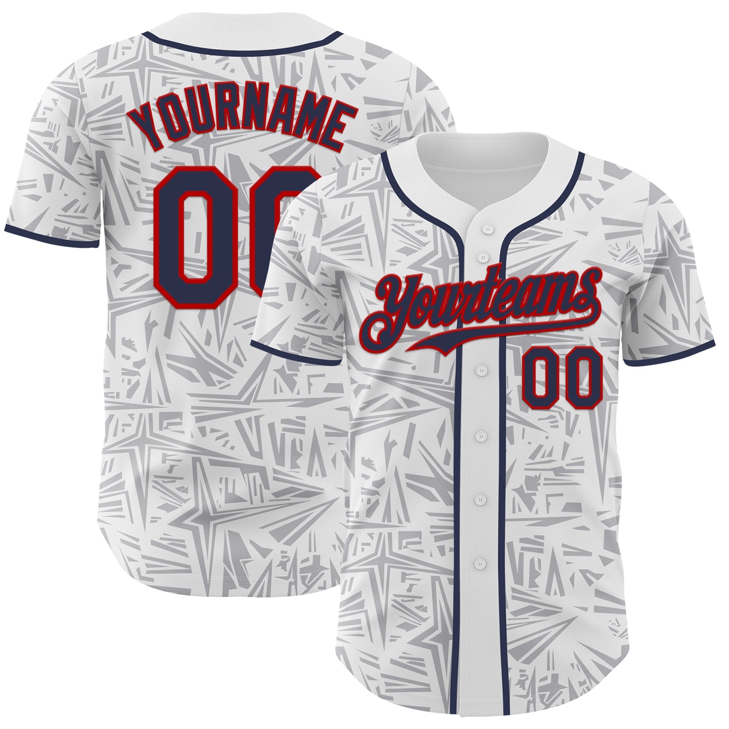 Custom White Navy Gray-Red Geometric Cyber Starburst Authentic Baseball Jersey - Main View