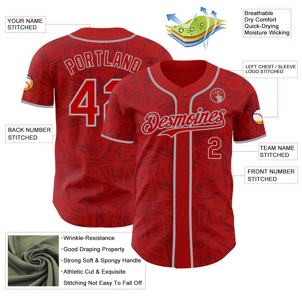Custom Red-Gray Geometric Cyber Starburst Authentic Baseball Jersey view 3