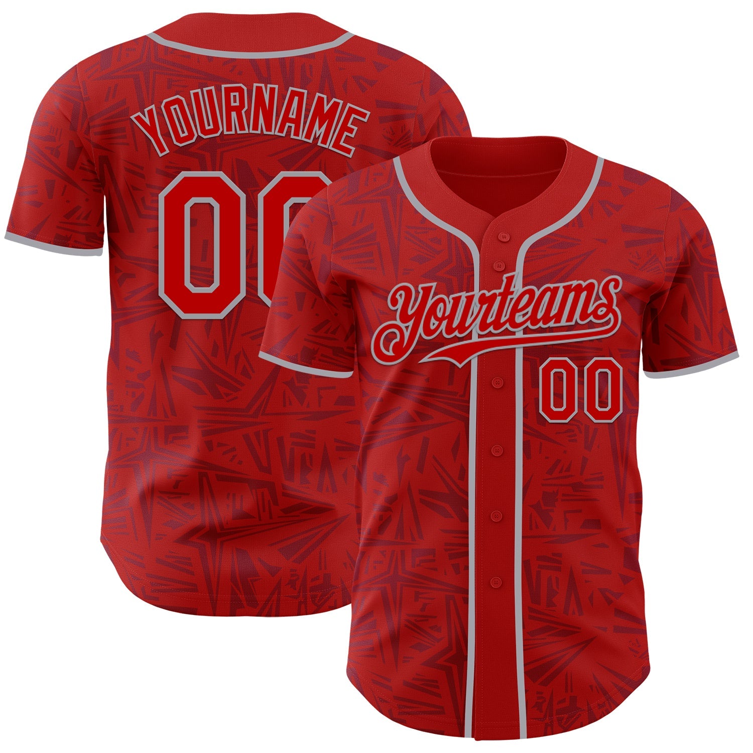 Custom Red-Gray Geometric Cyber Starburst Authentic Baseball Jersey - Main View