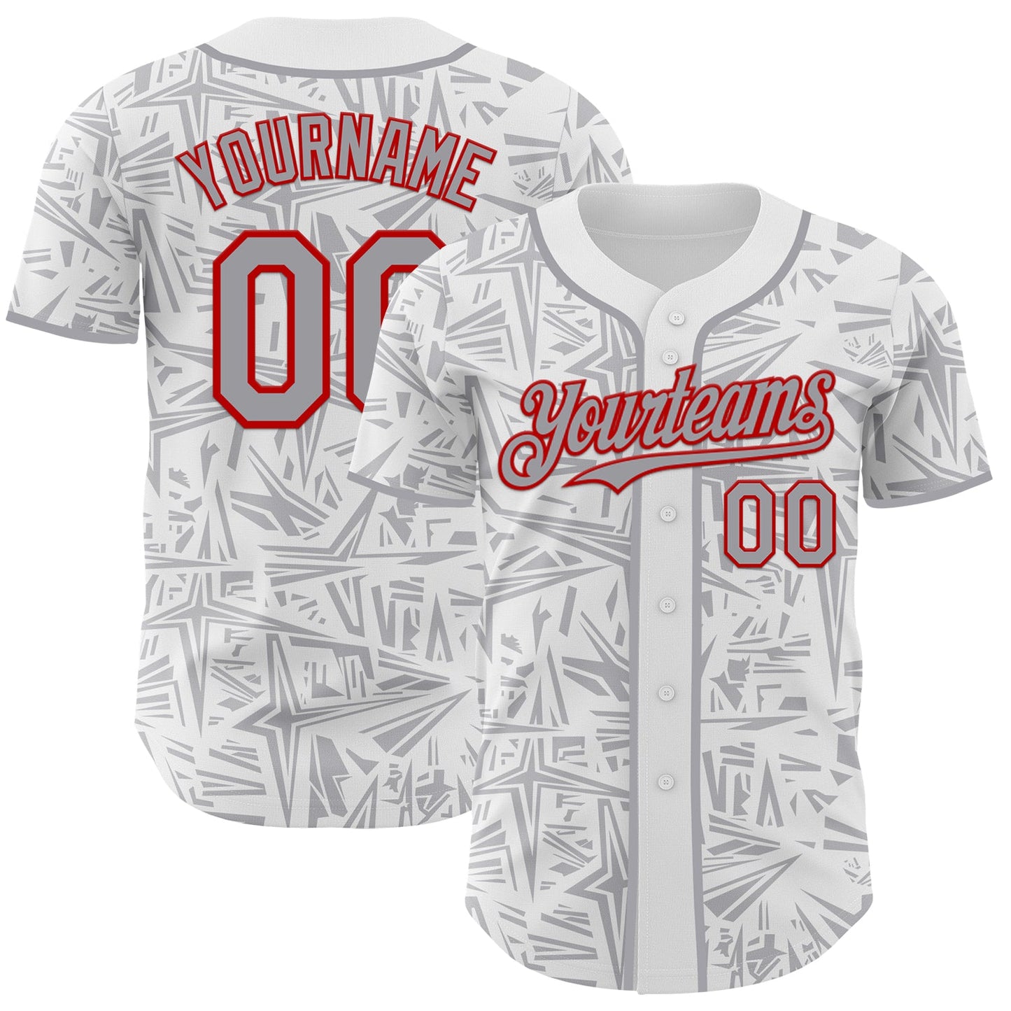 Custom White Gray-Red Geometric Cyber Starburst Authentic Baseball Jersey - Main View