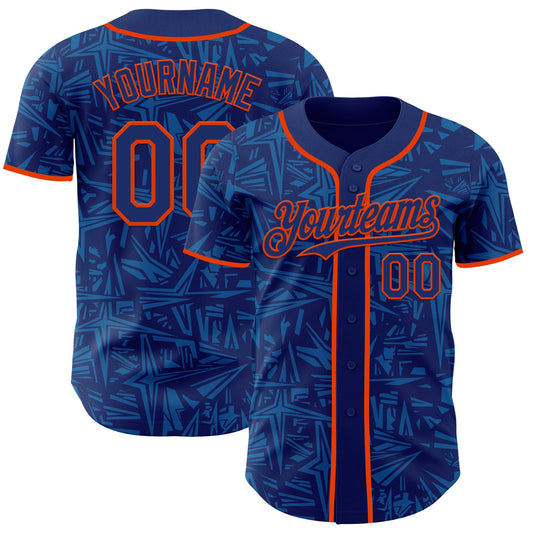 Custom Royal Blue-Orange Geometric Cyber Starburst Authentic Baseball Jersey - Main View