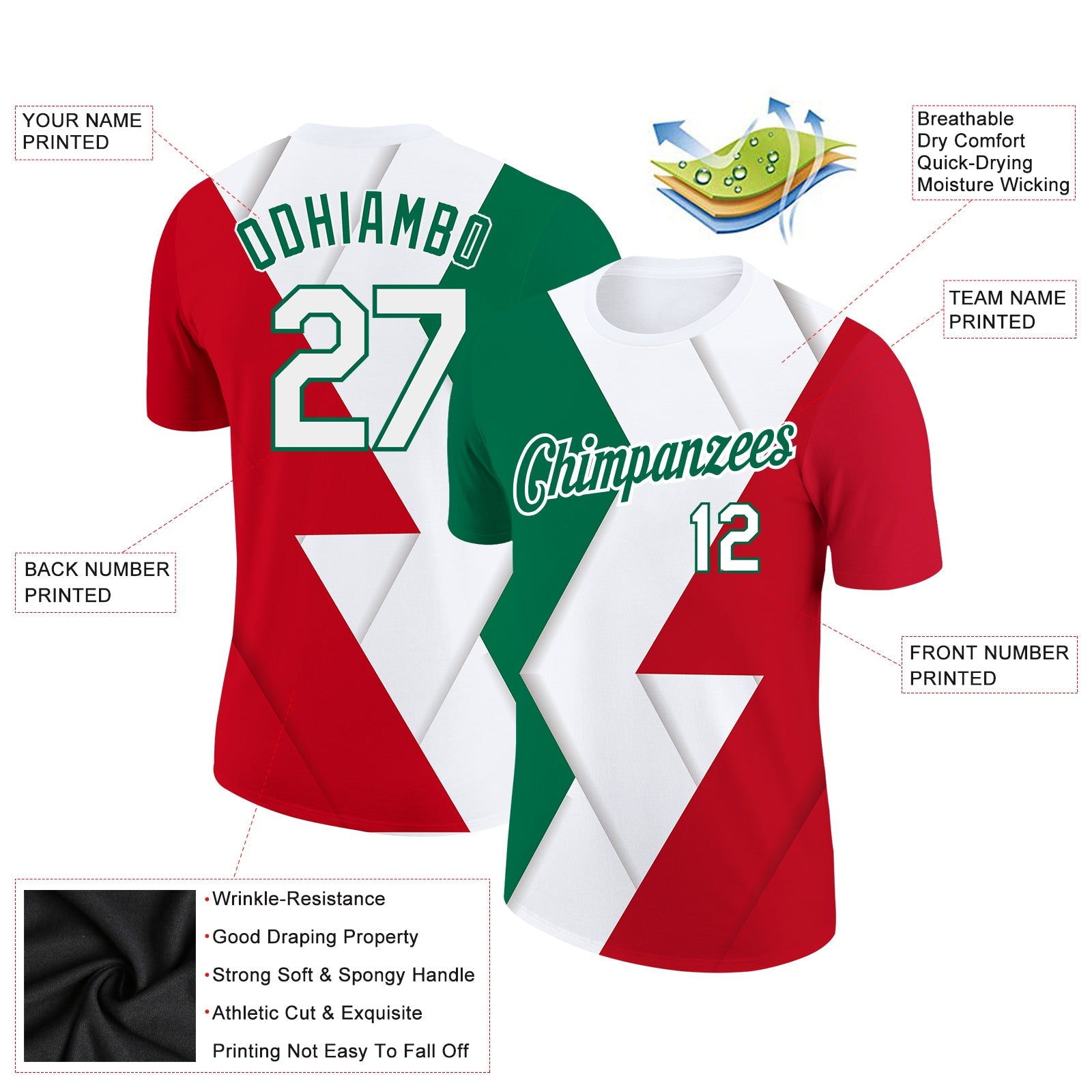 Custom Red White-Kelly Green 3D Mexico Performance T-Shirt view 2
