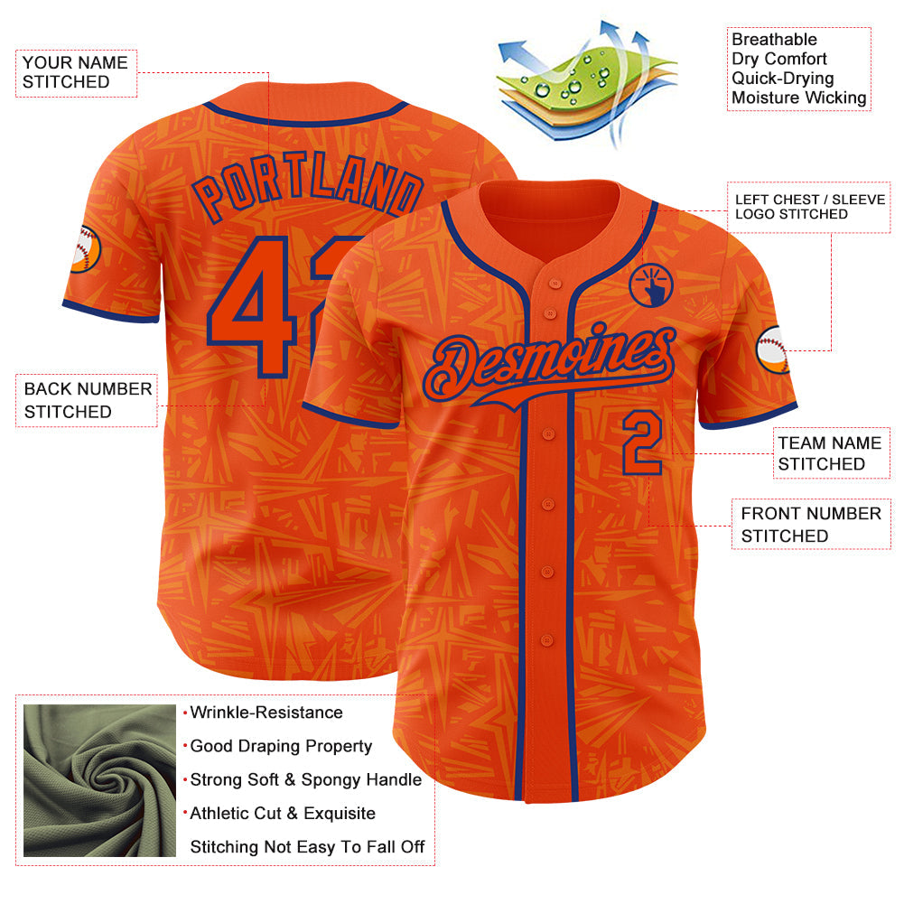 Custom Orange-Royal Geometric Cyber Starburst Authentic Baseball Jersey view 3