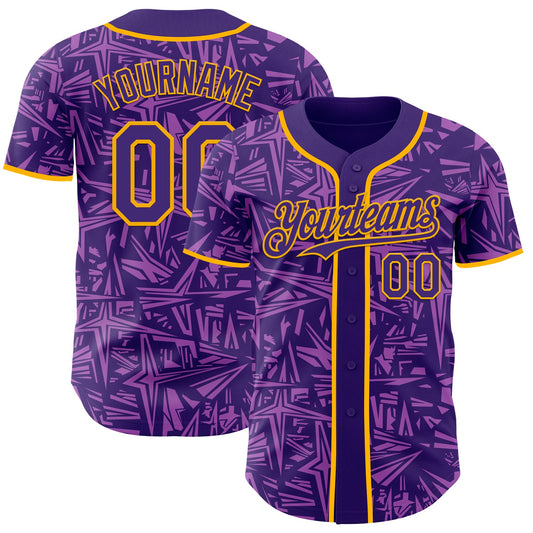 Custom Purple Medium Purple-Gold Geometric Cyber Starburst Authentic Baseball Jersey - Main View