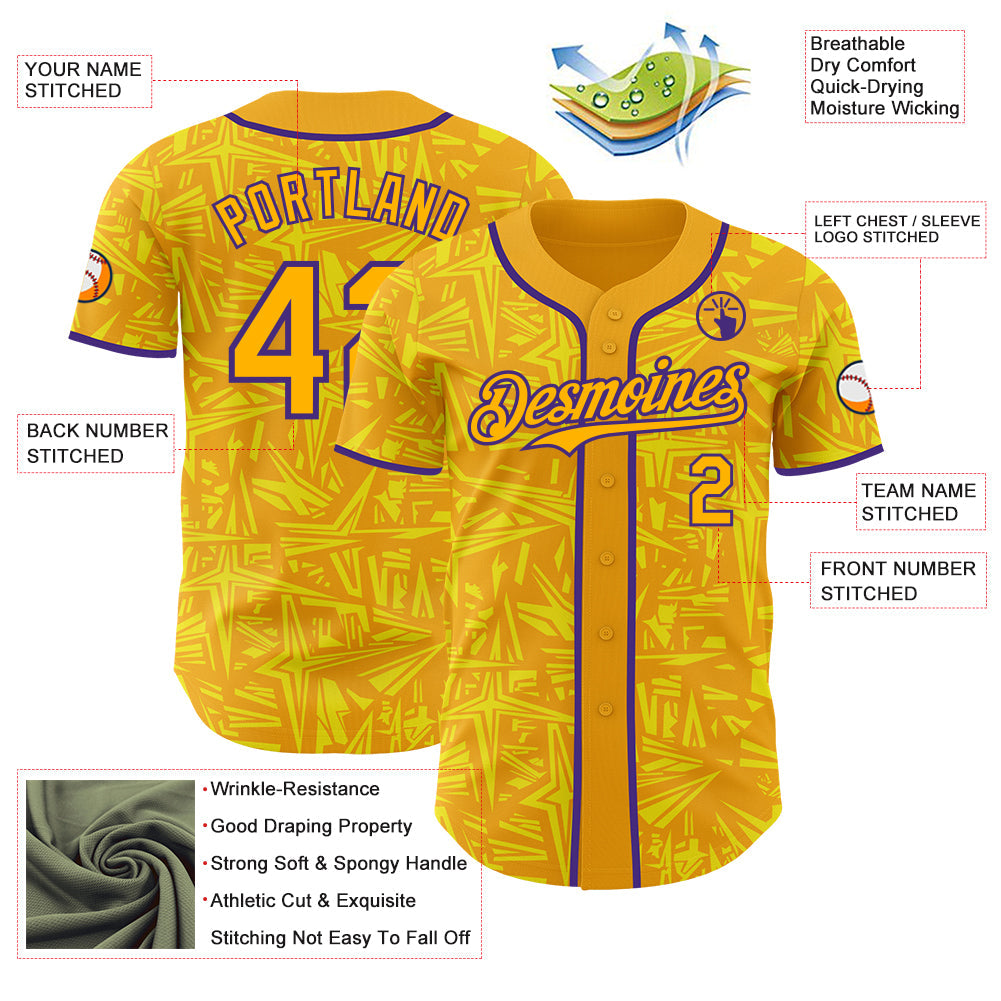 Custom Gold Light Yellow-Purple Geometric Cyber Starburst Authentic Baseball Jersey view 3
