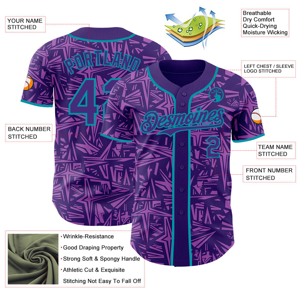 Custom Purple Medium Purple-Teal Geometric Cyber Starburst Authentic Baseball Jersey view 3