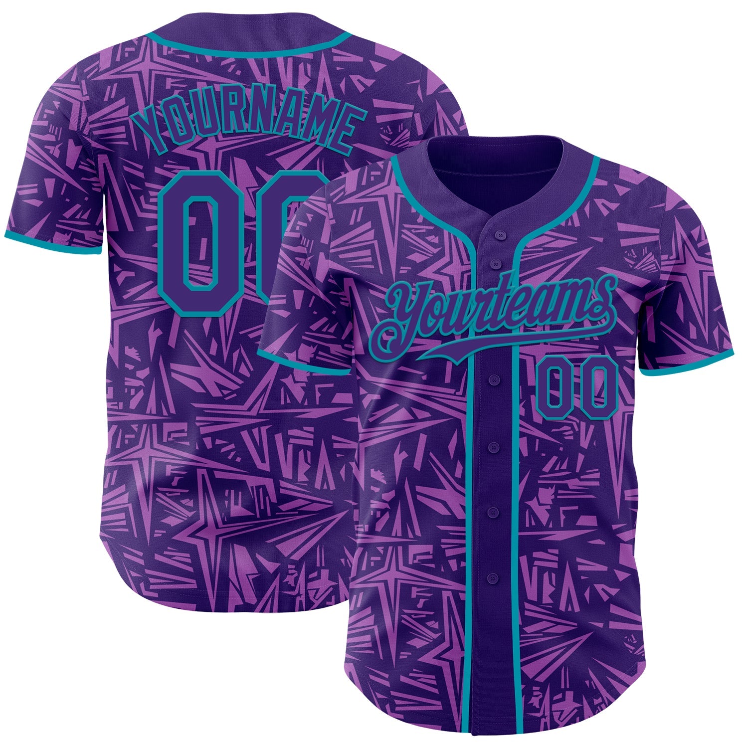 Custom Purple Medium Purple-Teal Geometric Cyber Starburst Authentic Baseball Jersey - Main View