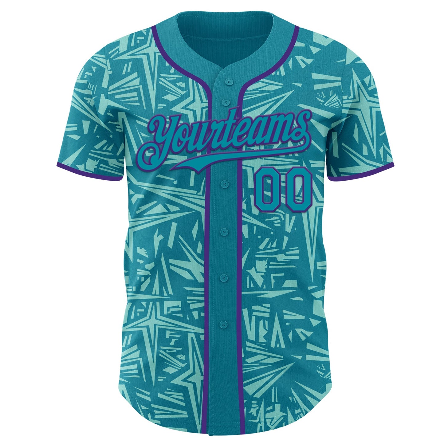 Custom Teal Ice Blue-Purple Geometric Cyber Starburst Authentic Baseball Jersey view 2
