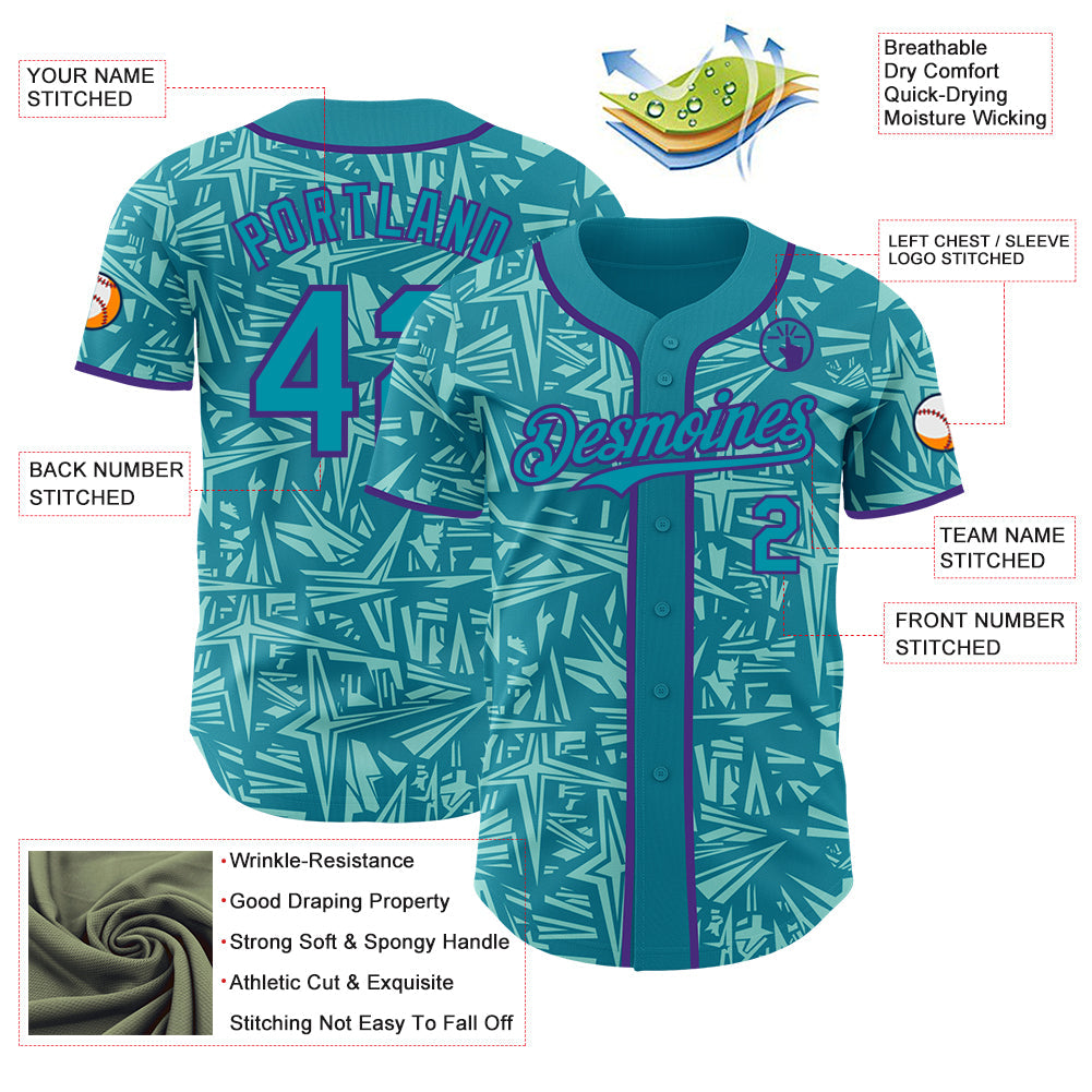Custom Teal Ice Blue-Purple Geometric Cyber Starburst Authentic Baseball Jersey view 3