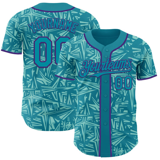 Custom Teal Ice Blue-Purple Geometric Cyber Starburst Authentic Baseball Jersey - Main View