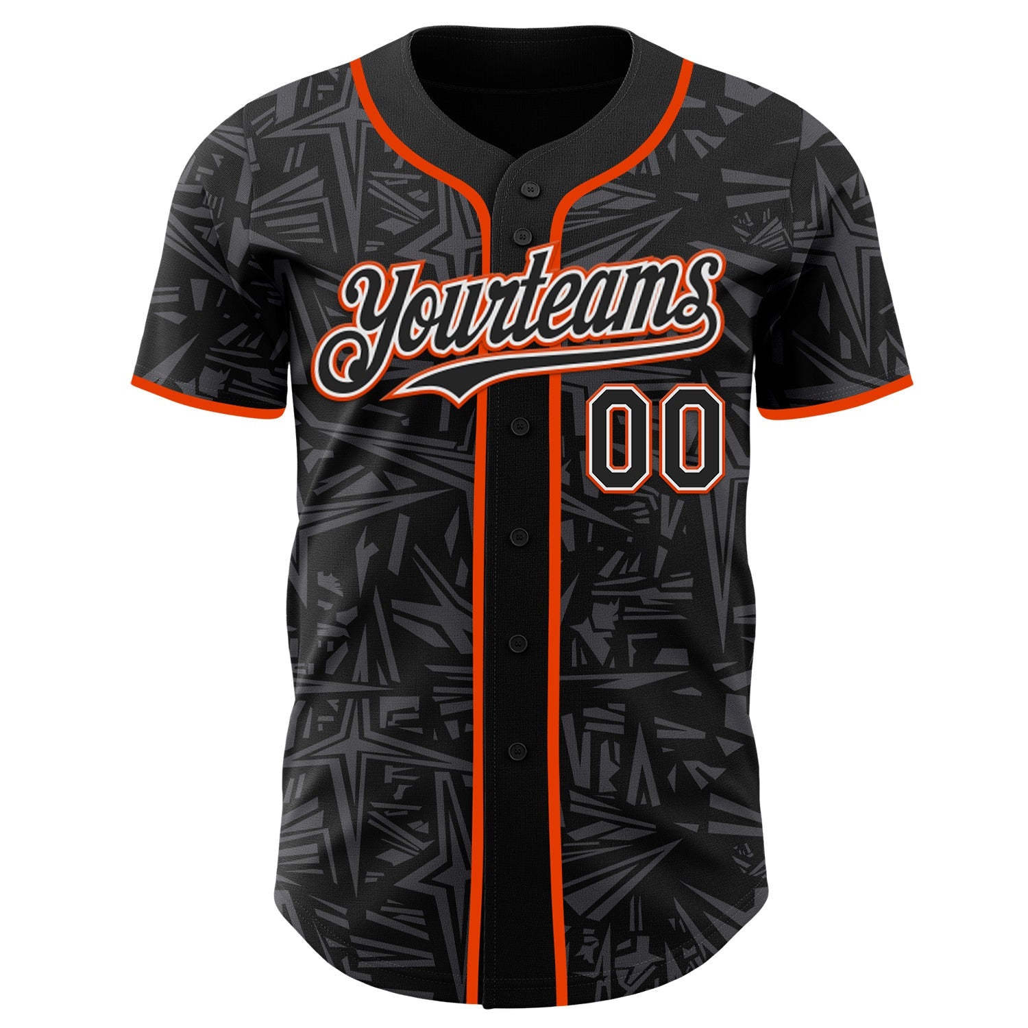 Custom Black Steel Gray White-Orange Geometric Cyber Starburst Authentic Baseball Jersey view 2