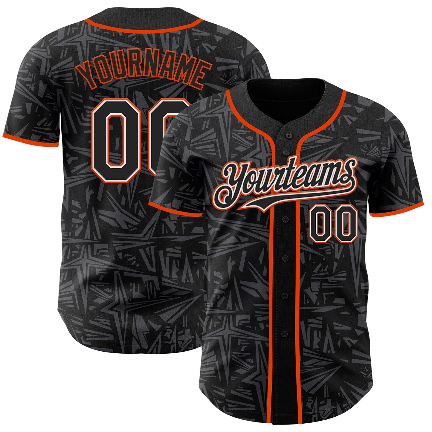 Custom Black Steel Gray White-Orange Geometric Cyber Starburst Authentic Baseball Jersey - Main View