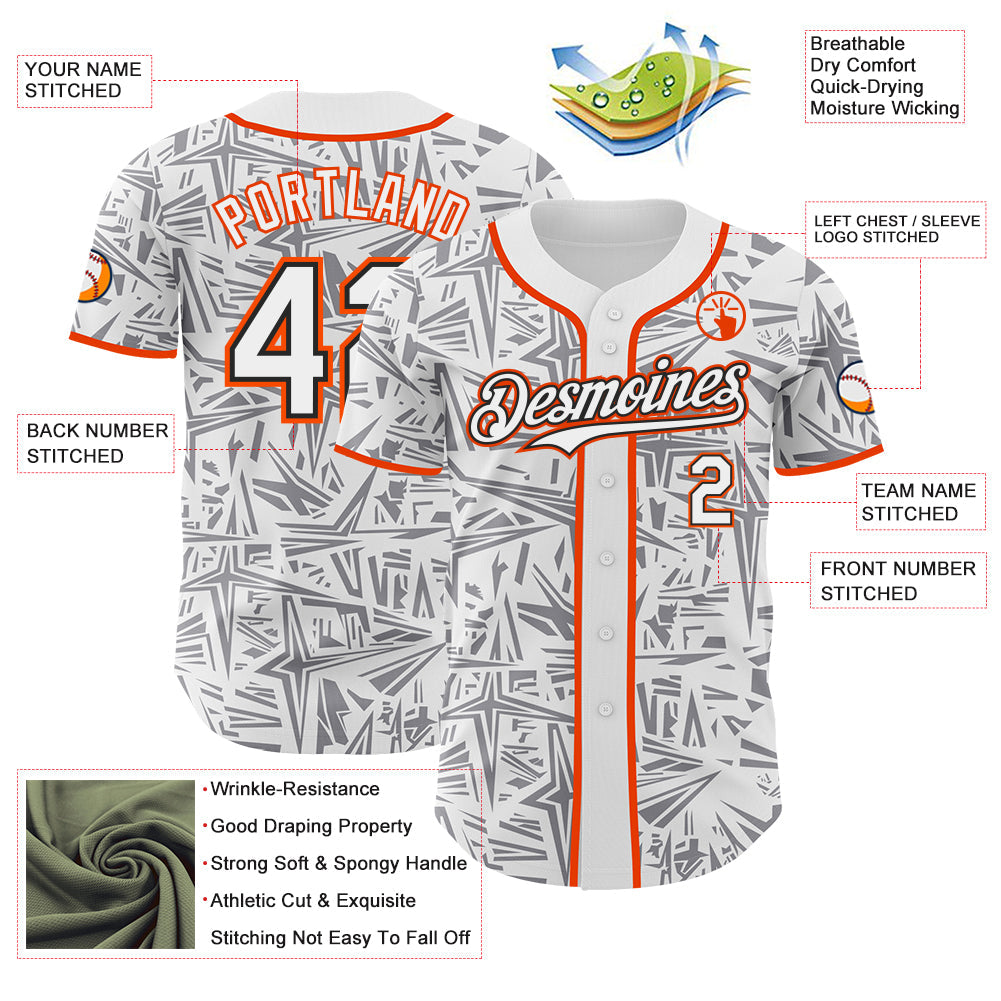 Custom White Gray Black-Orange Geometric Cyber Starburst Authentic Baseball Jersey view 3