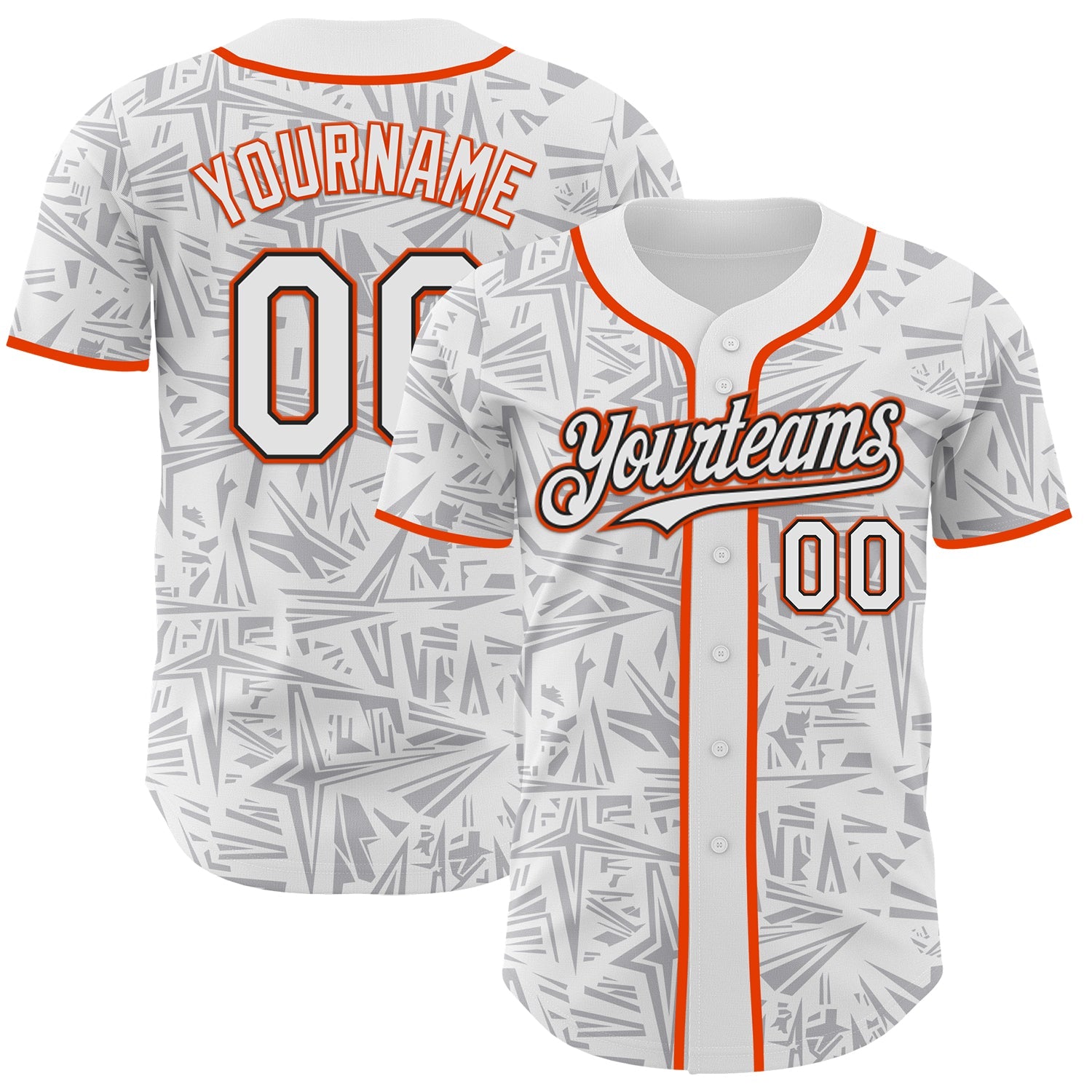 Custom White Gray Black-Orange Geometric Cyber Starburst Authentic Baseball Jersey - Main View
