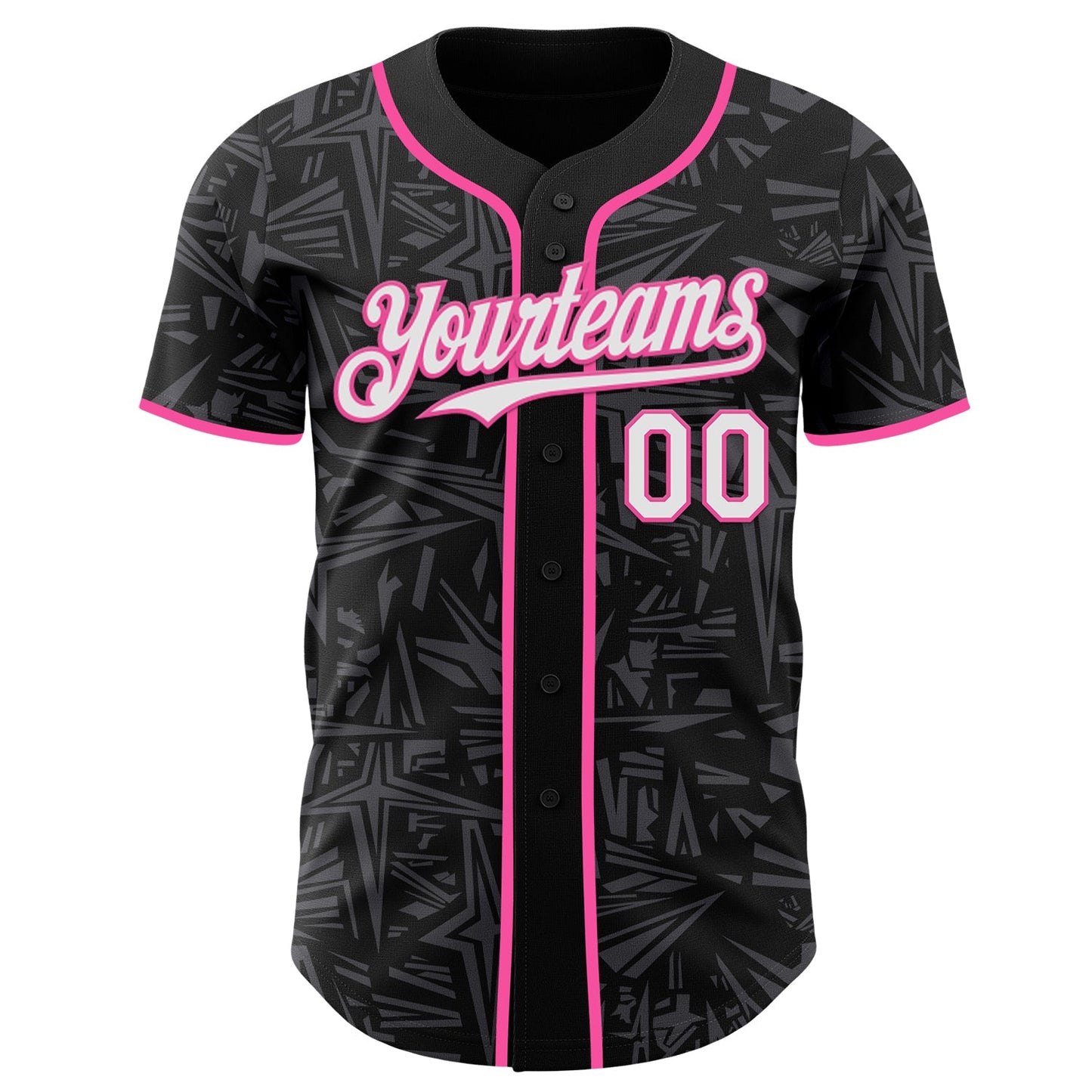 Custom Black White Steel Gray-Pink Geometric Cyber Starburst Authentic Baseball Jersey view 2