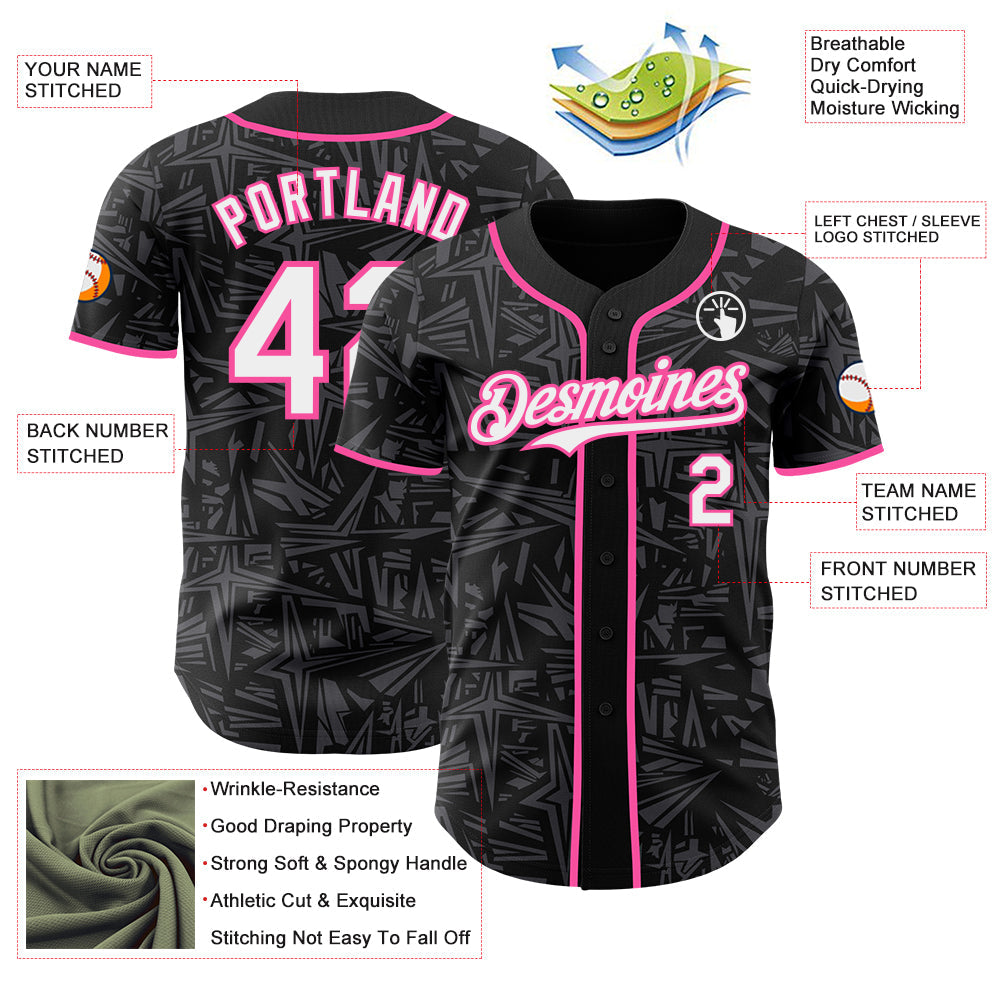 Custom Black White Steel Gray-Pink Geometric Cyber Starburst Authentic Baseball Jersey view 3