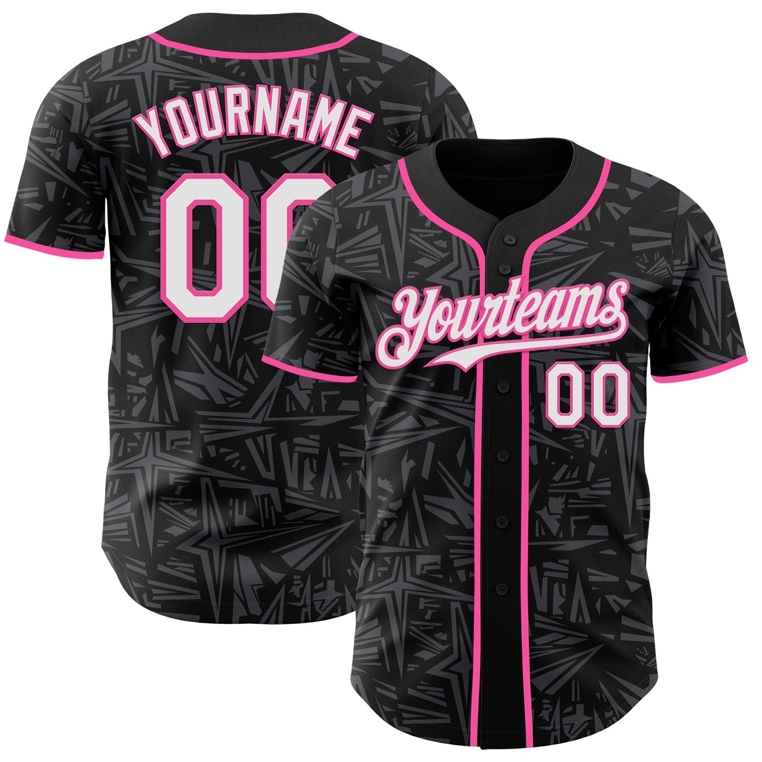 Custom Black White Steel Gray-Pink Geometric Cyber Starburst Authentic Baseball Jersey - Main View