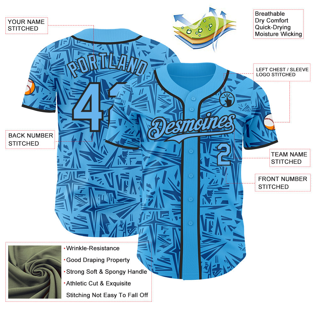 Custom Sky Blue Blue-Black Geometric Cyber Starburst Authentic Baseball Jersey view 3