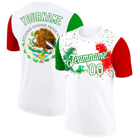 Custom White Grass Green-Red 3D Mexican Flag Splashes Performance T-Shirt - Main View