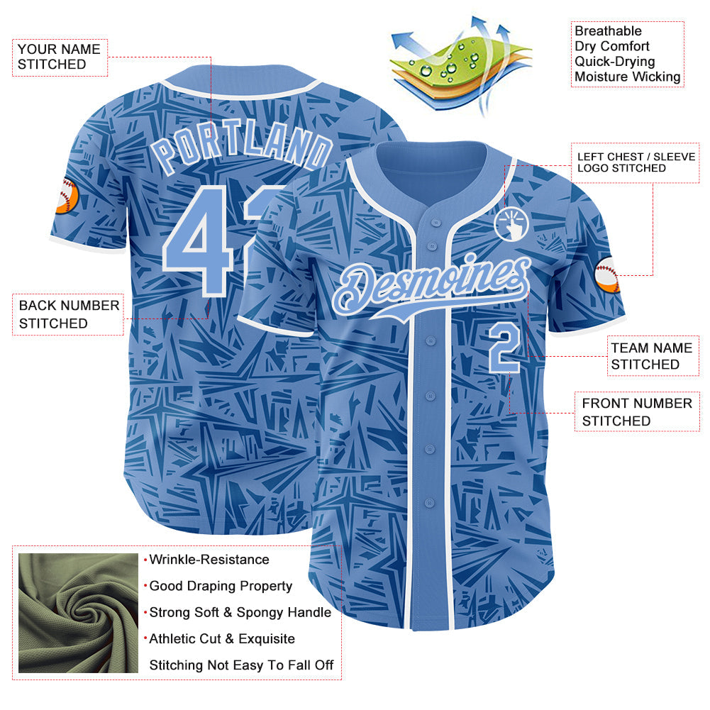 Custom Light Blue Blue-White Geometric Cyber Starburst Authentic Baseball Jersey view 3