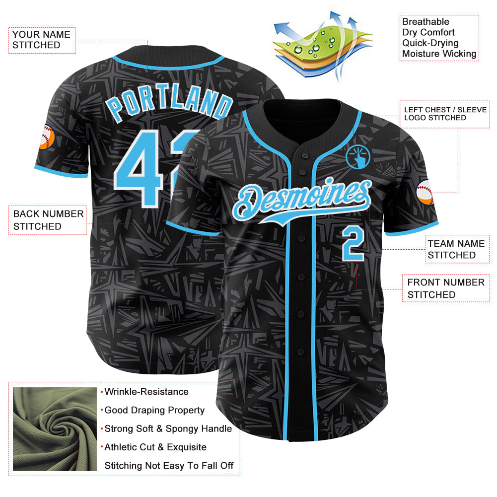 Custom Black Sky Blue Steel Gray-White Geometric Cyber Starburst Authentic Baseball Jersey view 3