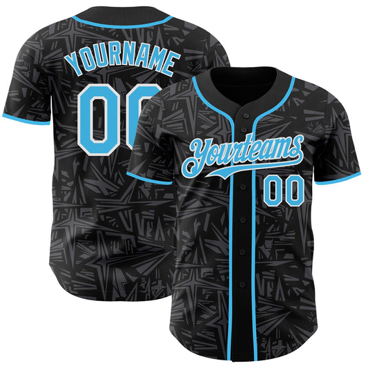 Custom Black Sky Blue Steel Gray-White Geometric Cyber Starburst Authentic Baseball Jersey - Main View