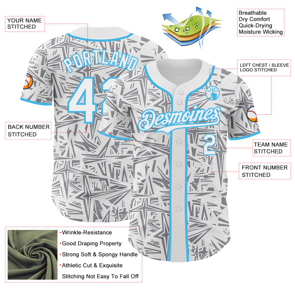 Custom White Gray-Sky Blue Geometric Cyber Starburst Authentic Baseball Jersey view 3