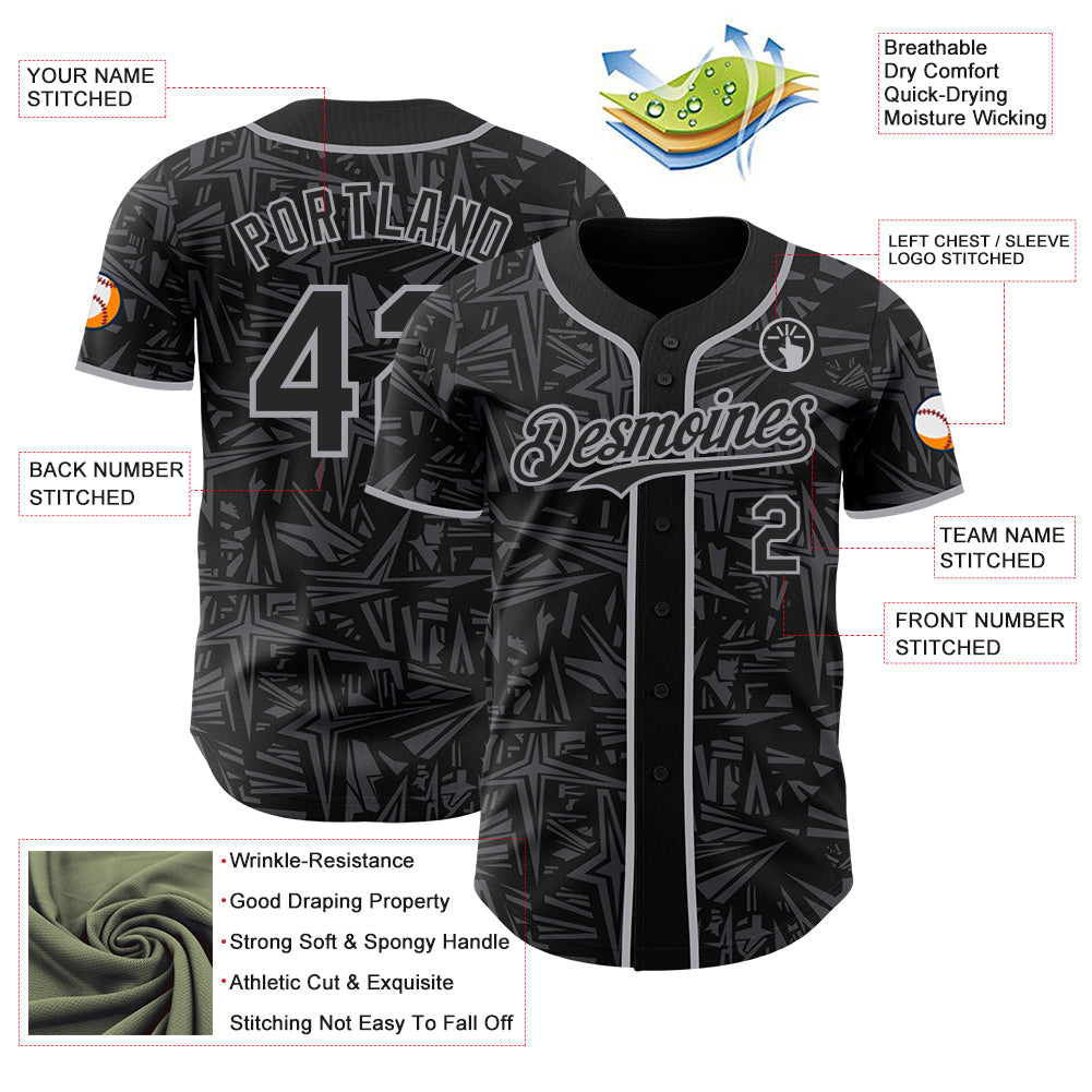 Custom Black Steel Gray-Gray Geometric Cyber Starburst Authentic Baseball Jersey view 3
