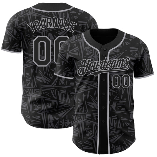 Custom Black Steel Gray-Gray Geometric Cyber Starburst Authentic Baseball Jersey - Main View