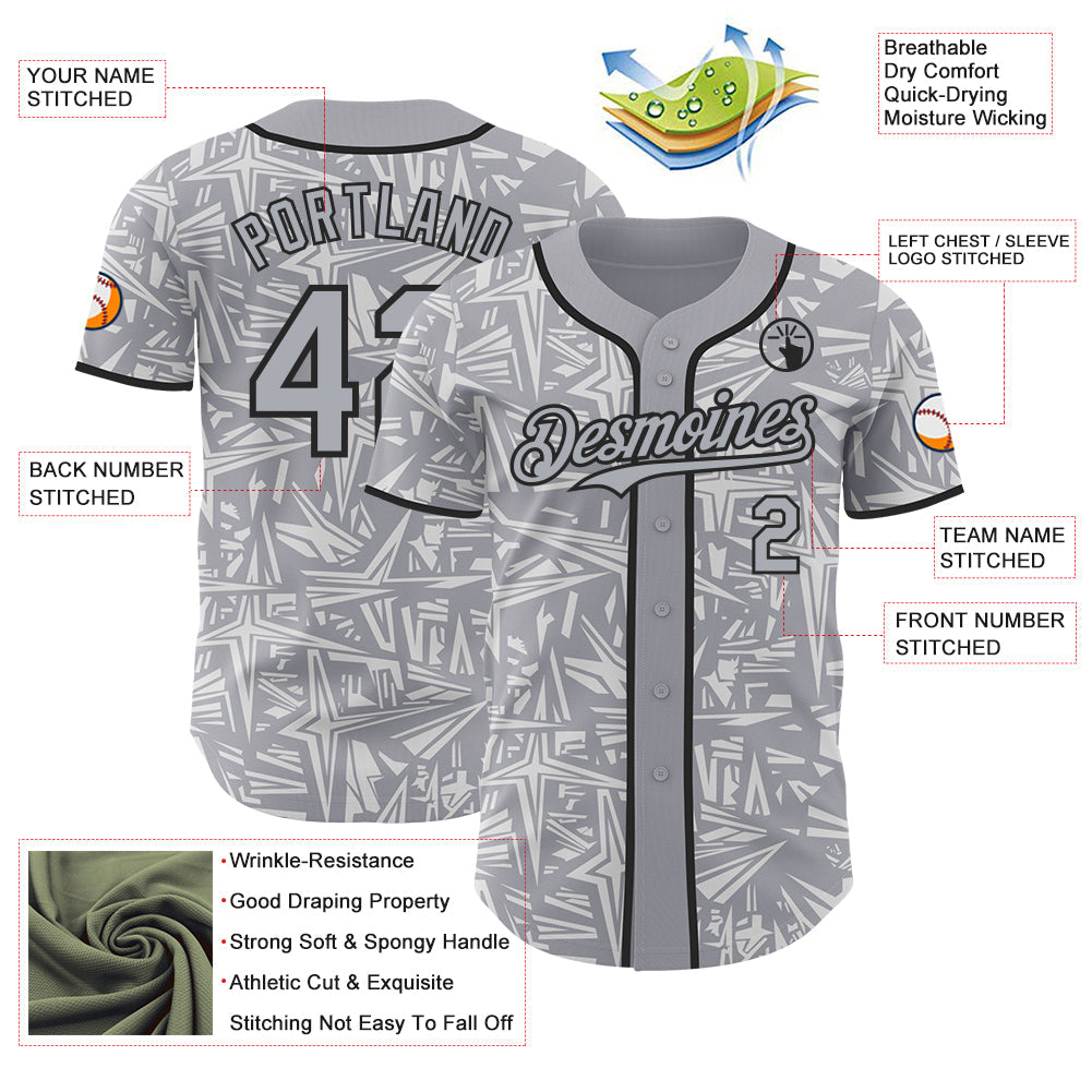 Custom Gray White-Black Geometric Cyber Starburst Authentic Baseball Jersey view 3