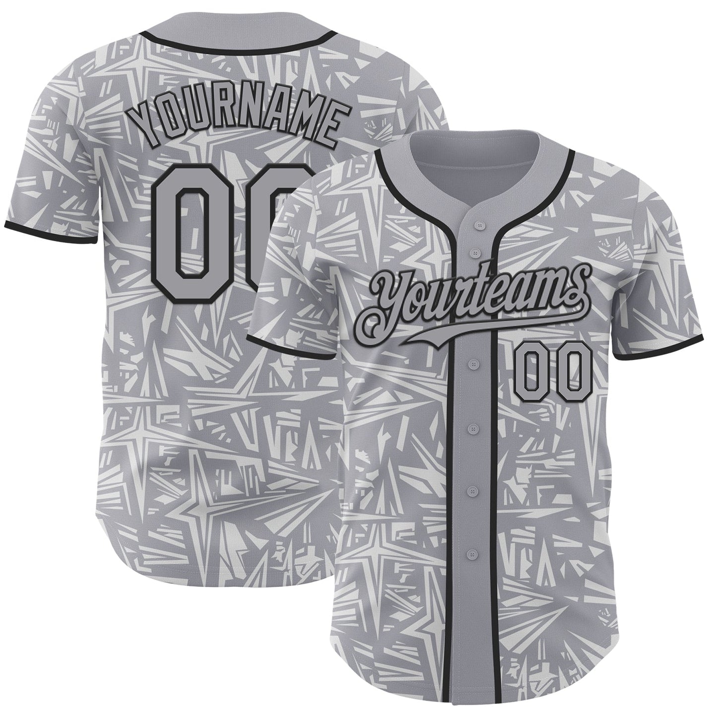 Custom Gray White-Black Geometric Cyber Starburst Authentic Baseball Jersey - Main View