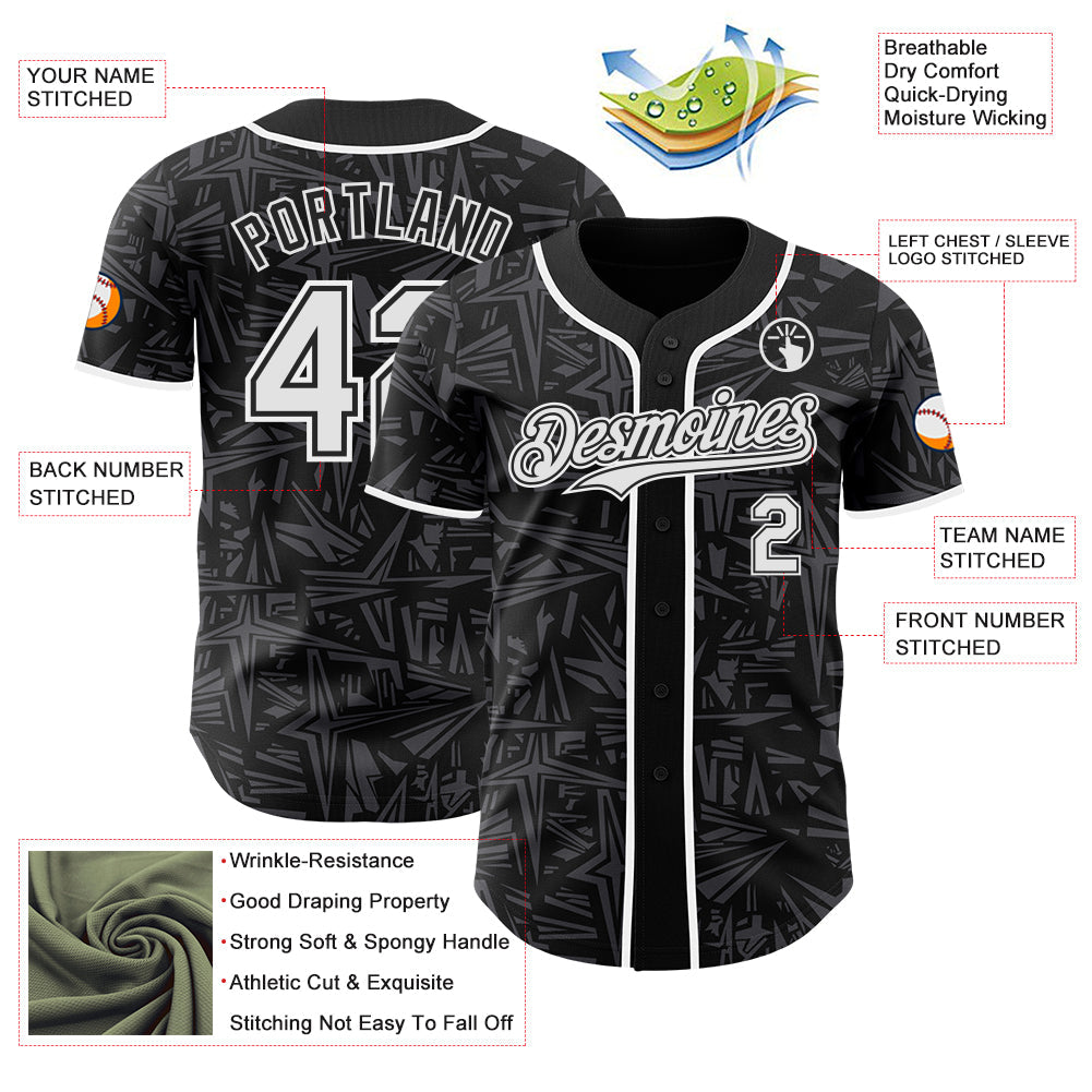 Custom Black White-Steel Gray Geometric Cyber Starburst Authentic Baseball Jersey view 3